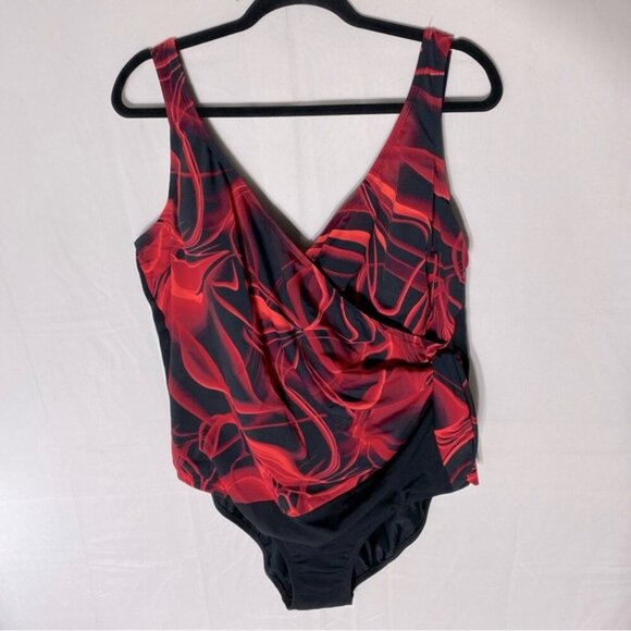 Swan Black Red Smoke Print Front One Piece Bathing Suit Swimsuit M - Picture 16 of 16